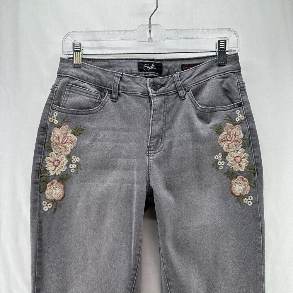 Earl Jeans Womens Size 8 Skinny Ankle Floral Embroidered Light Washed Denim Gray - Picture 3 of 10